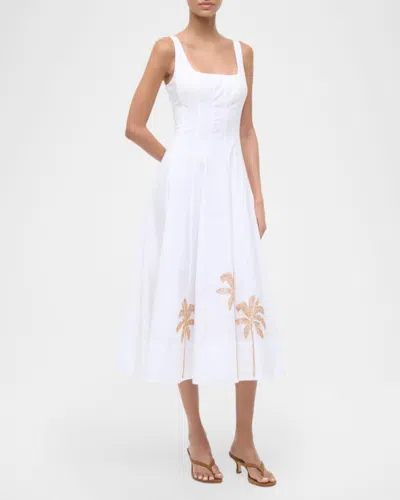 Staud Wells Pleated Printed Cotton-blend Poplin Midi Dress In White