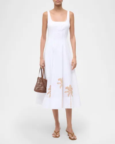 Staud Wells Pleated Printed Cotton-blend Poplin Midi Dress In White