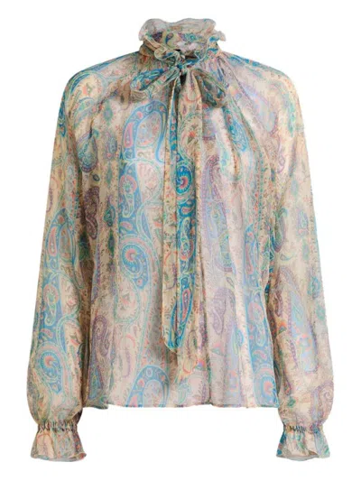 Etro Women Silk Crepon Blouse With Scarf And Paisley Foliage Motif In Multi