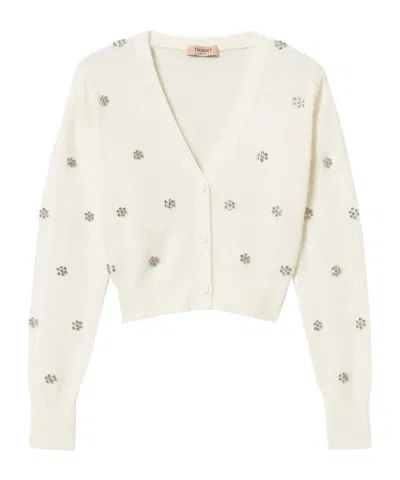 Twinset Embellished Cropped Cardigan In Neutral