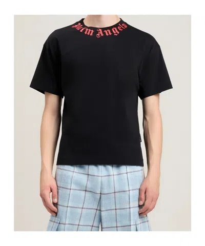 Palm Angels Men Black Neck Logo T-shirt, Xs Luxury T-shirts For Men Darveys