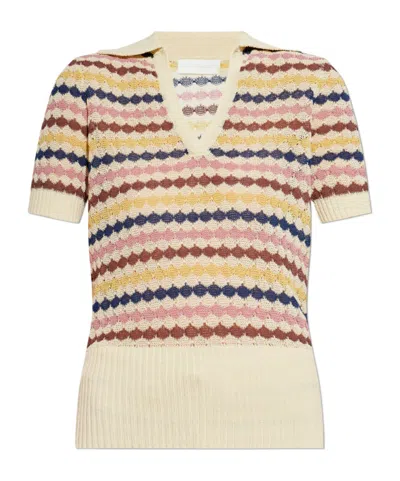 Zimmermann Zim Awaken Scallop Knit Polo Multi Stripe In Multi
