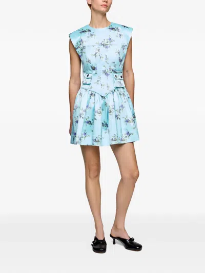 Ganni Printed Double Satin Corset Mini Dress Iced Aqua In Multi