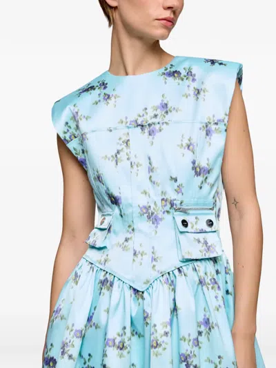 Ganni Printed Double Satin Corset Mini Dress Iced Aqua In Multi