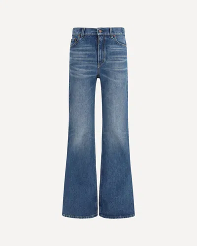 Chloé Women Blue Jeans With Wide Leg And Pendant Charm On The Front In Denim Woman In Blue