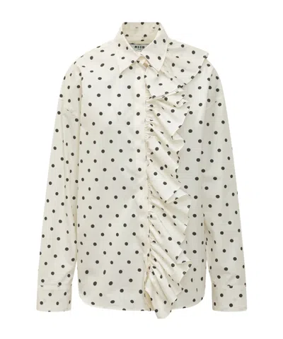 Msgm Silk Polka Dot Shirt With Ruffles In White