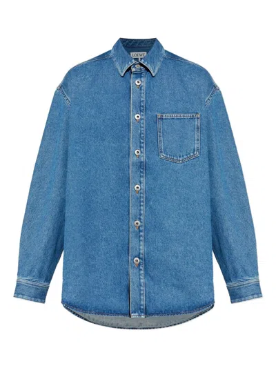 Loewe Mens Mid Blue Denim Anagram-embroidery Long-sleeves Denim Overshirt In Blue