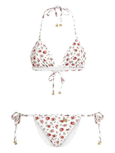 Dolce & Gabbana Small Rose-print Triangle Bikini In White