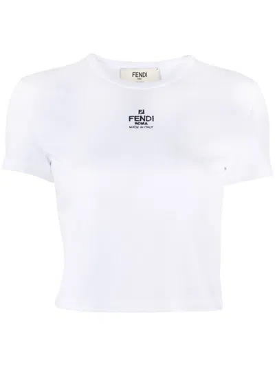 Fendi Women White Ribbed Crop T-shirt With Logo Embroidery In Cotton Woman