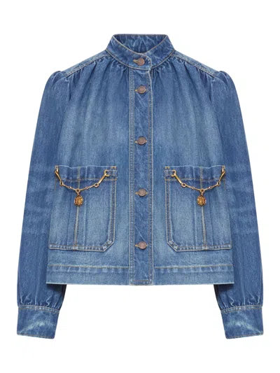 Chloé Blue Jacket With High Neck And Chain Detail On The Front In Denim Woman