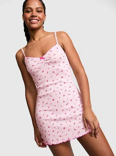 Pink Pointelle Sweetheart Slip Dress In Animal Print
