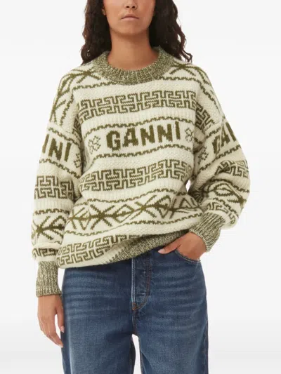 Ganni Lambswool Pullover In Green