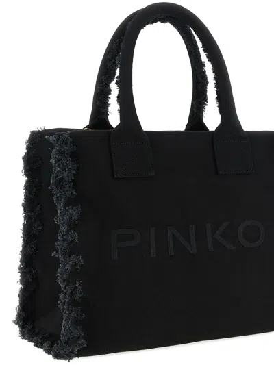 Pinko Frayed Lettering Medium Tote Bag In Black