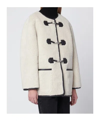 Dunst Collarless Buckled Shearling Jacket Cream In White