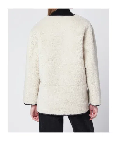 Dunst Collarless Buckled Shearling Jacket Cream In White