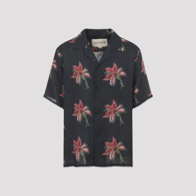 Valentino Camp Collar Shirt Floral Pattern Short Sleeves In Blue