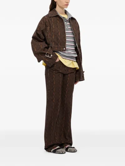 Msgm Belted Patterned Coat In Brown