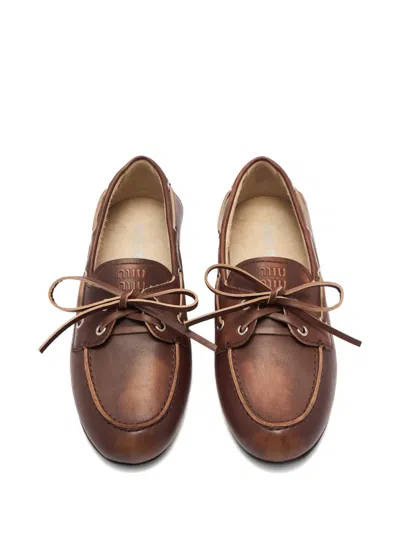 Miu Miu Burnt Brown Moccasin In Vintage Effect Leather In Brown