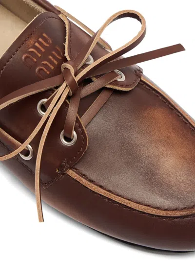 Miu Miu Burnt Brown Moccasin In Vintage Effect Leather In Brown