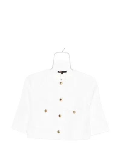 Maje Womens White Cropped Round-neck Linen-blend Jacket