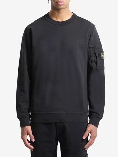Stone Island Crewneck Sweatshirt With Ribbed Detailing And Logo Patch In Black