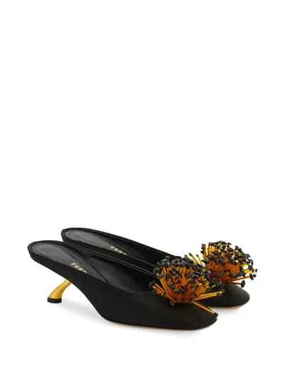 Ferragamo Black Sandals With Low Heel And Crystal Embellishment On The Front In Fabric Woman