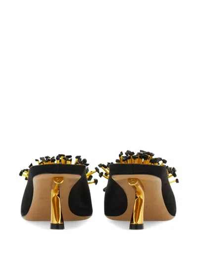 Ferragamo Black Sandals With Low Heel And Crystal Embellishment On The Front In Fabric Woman