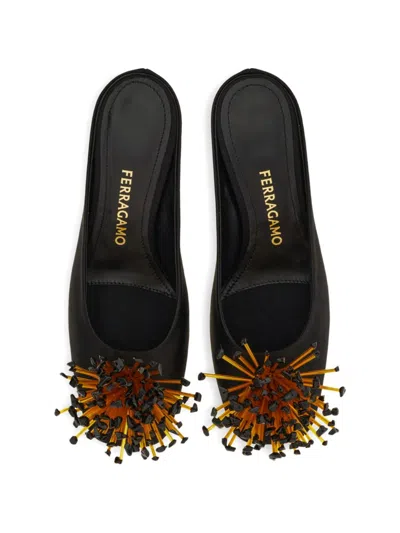 Ferragamo Black Sandals With Low Heel And Crystal Embellishment On The Front In Fabric Woman