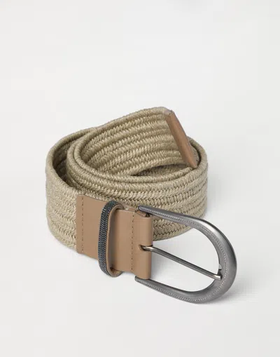 Brunello Cucinelli Linen Belt Braided Design Shiny Loop In Neutral