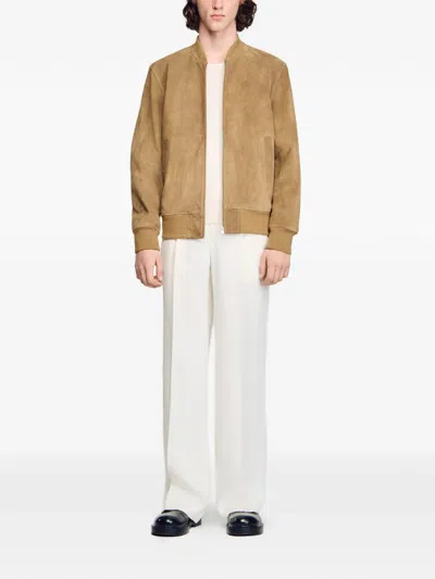 Sandro Zip-up Split Leather Jacket In Brown