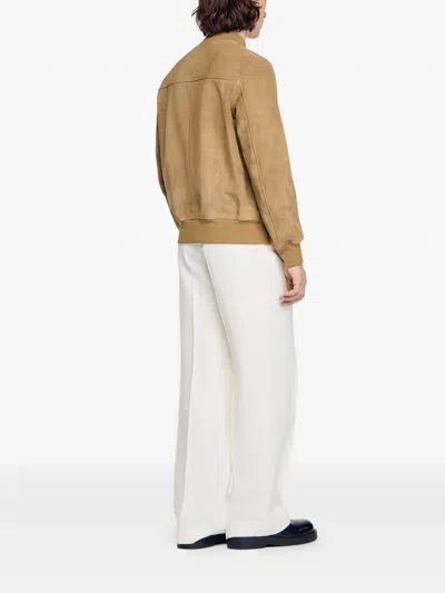 Sandro Zip-up Split Leather Jacket In Brown