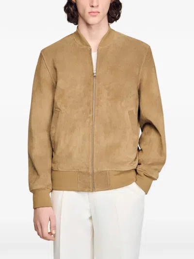Sandro Zip-up Split Leather Jacket In Brown