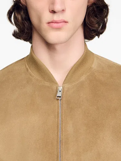 Sandro Zip-up Split Leather Jacket In Brown
