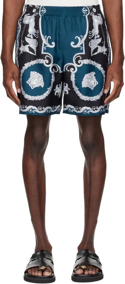 Versace Baroque-printed Silk-nylon Shorts With Elastic Waistband In Blue