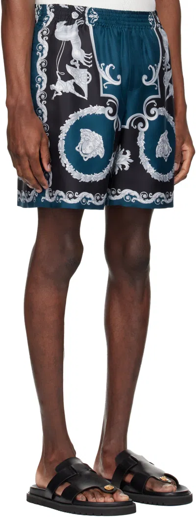 Versace Baroque-printed Silk-nylon Shorts With Elastic Waistband In Blue