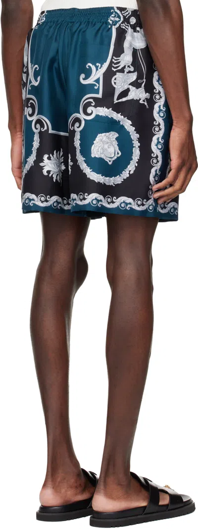 Versace Baroque-printed Silk-nylon Shorts With Elastic Waistband In Blue