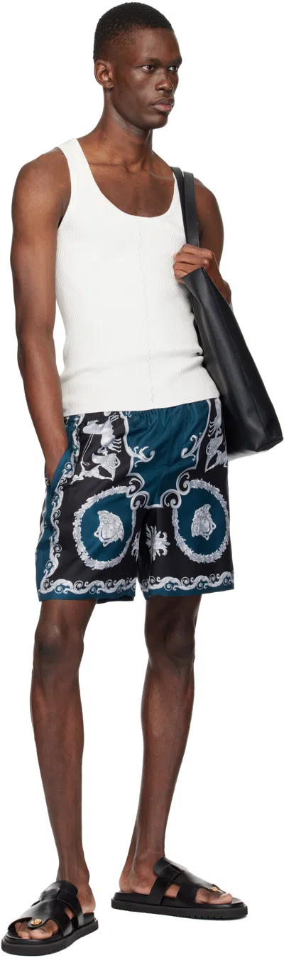 Versace Baroque-printed Silk-nylon Shorts With Elastic Waistband In Blue