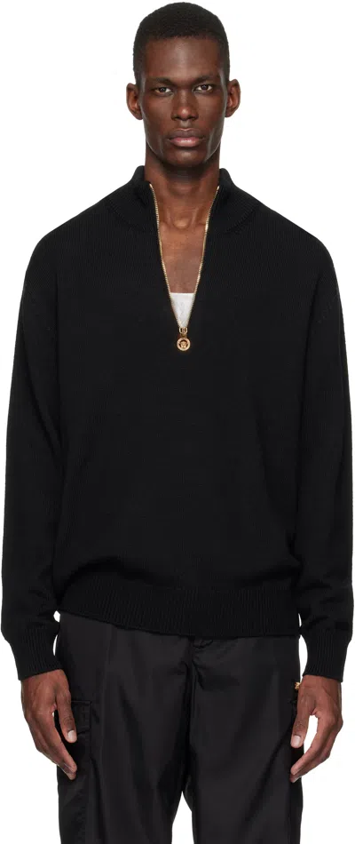 Versace Medusa Patch Embroidered Biggie Hardware Sweater With High Neck Zip Placket In Black