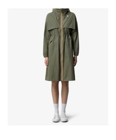 K-way Aube Memory Touch Drawstring Panelled Coat In Green