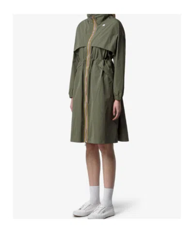 K-way Aube Memory Touch Drawstring Panelled Coat In Green