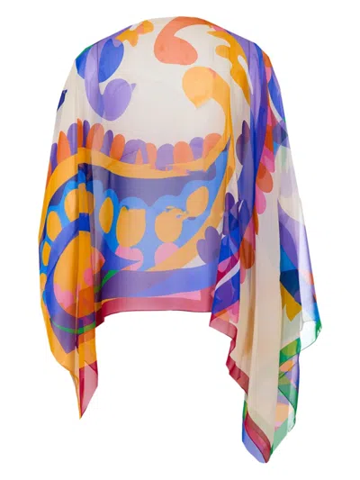Etro White Georgette Oversized Paisley-print Asymmetric Poncho In Blue