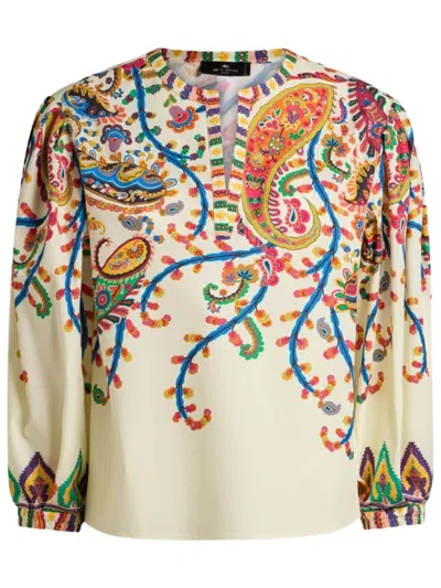 Etro Cotton Blouse With Placed Floral Paisley Print In Brown
