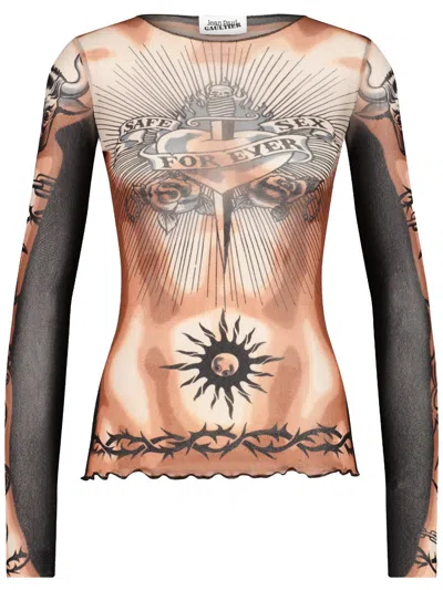 Jean Paul Gaultier Tattoo-inspired Sheer Long-sleeved Top With Bold Motifs In Brown