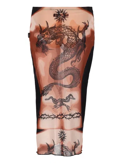 Jean Paul Gaultier Women S Re-edition Safe Sex Tattoo Long Skirt Black In Multi