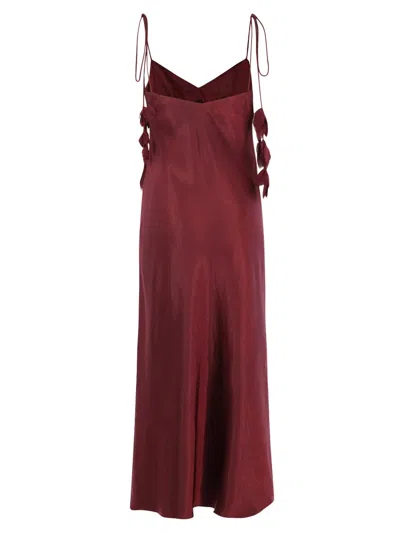 Self-portrait Bordeaux Long Dress With Knotted Shoulder Straps And Floral Details In Fabric Woman In Brown