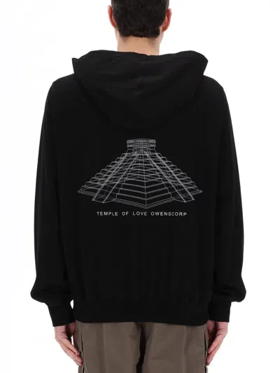 Rick Owens Hooded Sweatshirt Print Oversized Ribbed Cuffs In Black