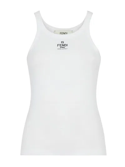Fendi Women White Ribbed Tank Top With Contrasting Logo Embroidery In Stretch Cotton Woman