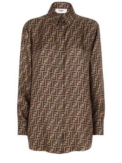 Fendi Silk Shirt With Curved Hem And Fabric-covered Buttons In Brown