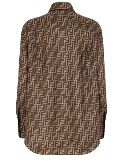 Fendi Silk Shirt With Curved Hem And Fabric-covered Buttons In Brown