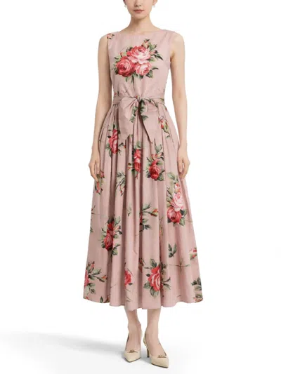Dolce & Gabbana Abito Midi In Cotone Rosa Con Stampa Fiori Dolce E Gabbana In Pink